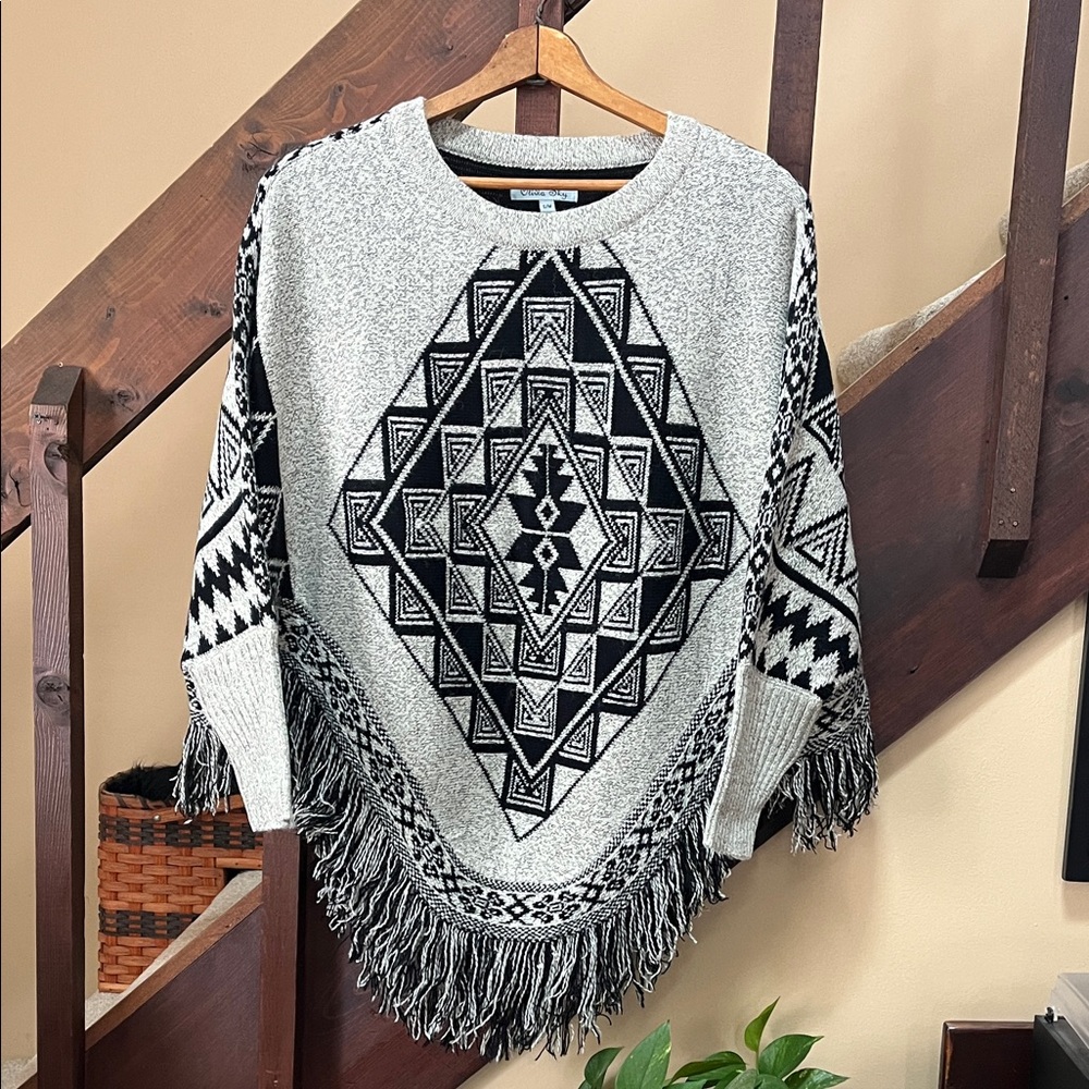 Olivia Sky Black and Cream Knit Poncho S/M